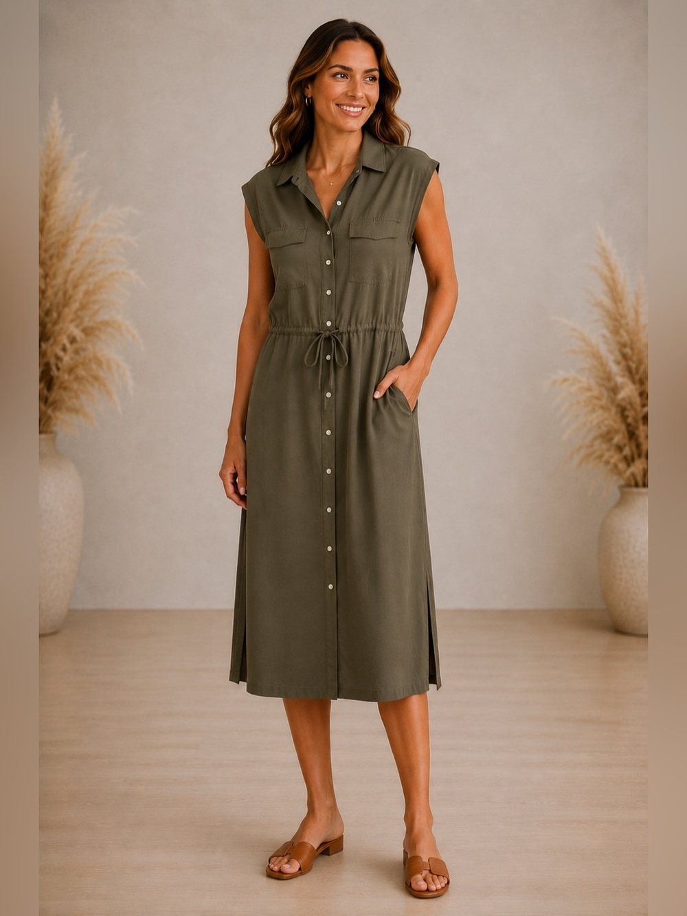 Old Navy Olive Green Shirt Dress XS Utility Button Front Midi Dress